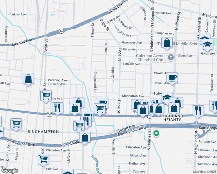 map of restaurants, bars, coffee shops, grocery stores, and more near 3084 Manhattan Avenue in Memphis
