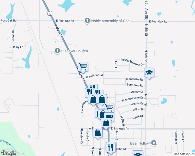 map of restaurants, bars, coffee shops, grocery stores, and more near 212 Woodbriar Road in Noble