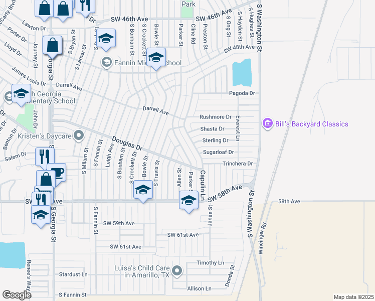 map of restaurants, bars, coffee shops, grocery stores, and more near 5207 Parker Street in Amarillo