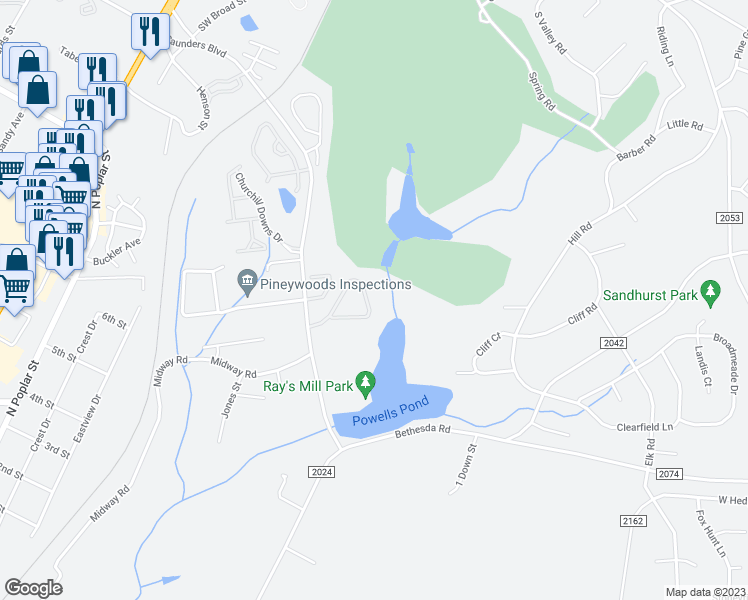map of restaurants, bars, coffee shops, grocery stores, and more near 86 Cypress Circle in Southern Pines