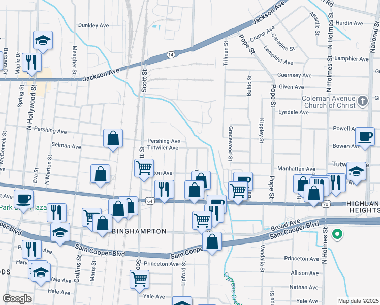 map of restaurants, bars, coffee shops, grocery stores, and more near 739 Glankler Street in Memphis