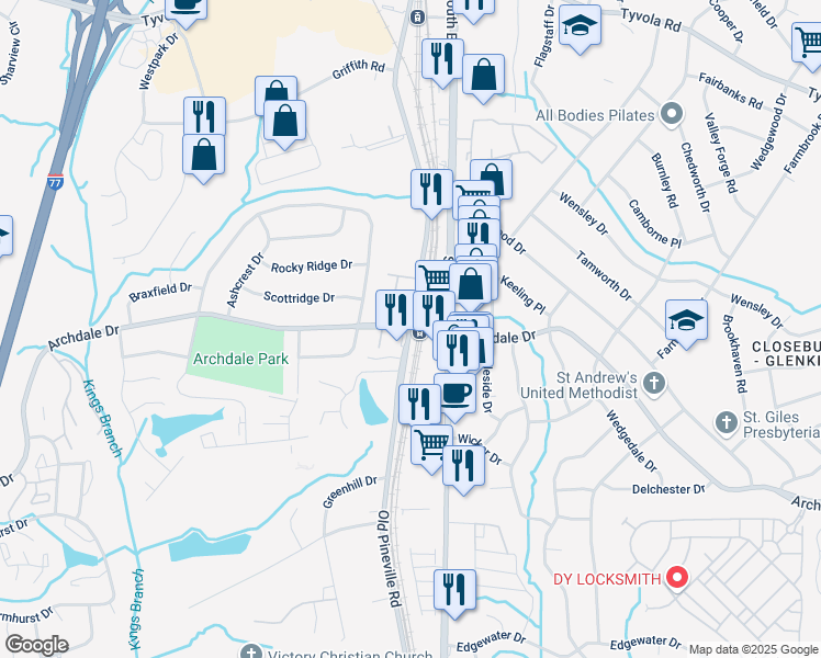 map of restaurants, bars, coffee shops, grocery stores, and more near Old Pineville Road & Archdale Drive in Charlotte