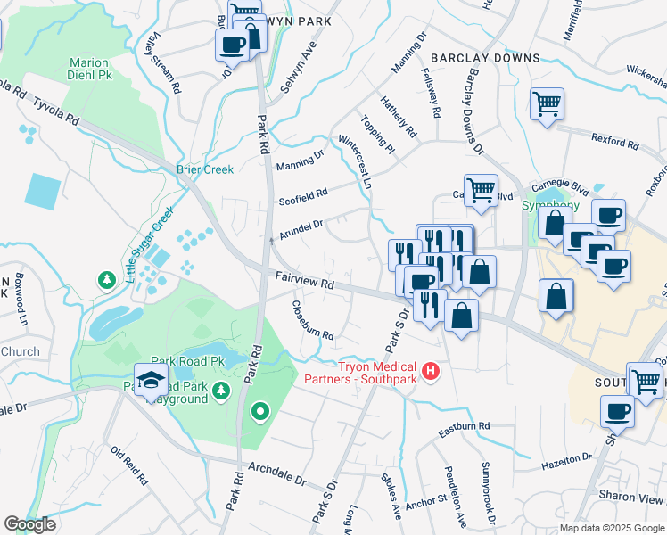 map of restaurants, bars, coffee shops, grocery stores, and more near 5617 Fairview Road in Charlotte