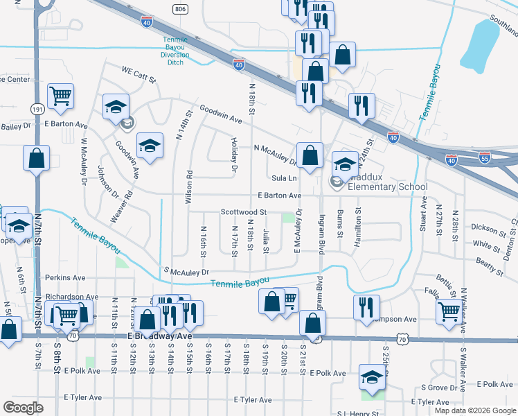 map of restaurants, bars, coffee shops, grocery stores, and more near 1809 Scottwood Street in West Memphis