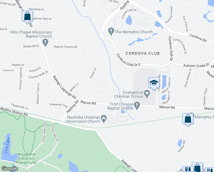 map of restaurants, bars, coffee shops, grocery stores, and more near 7417 Crayton Ridge Drive in Shelby County