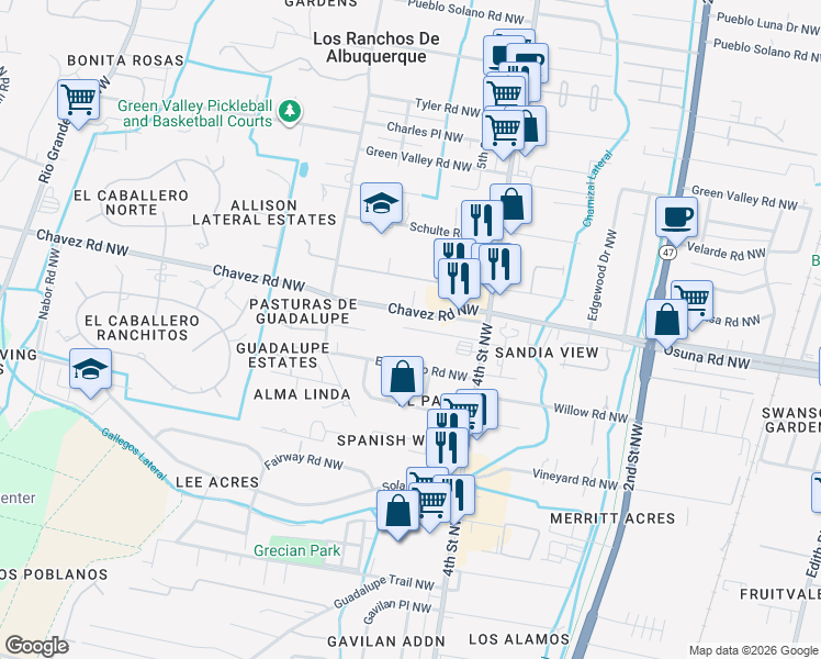 map of restaurants, bars, coffee shops, grocery stores, and more near 620 Sandia View Road Northwest in Albuquerque