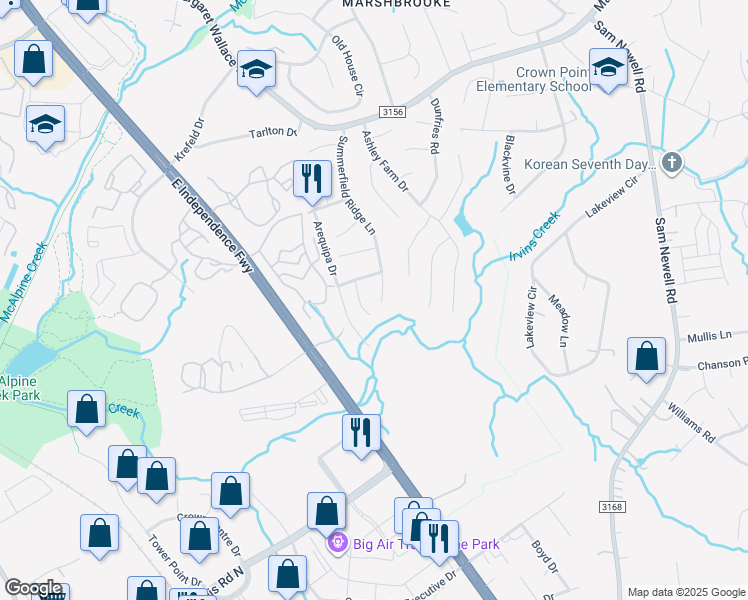 map of restaurants, bars, coffee shops, grocery stores, and more near 8450 Big Creek Court in Matthews