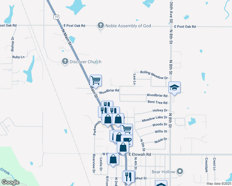 map of restaurants, bars, coffee shops, grocery stores, and more near 212 Woodbriar Road in Noble