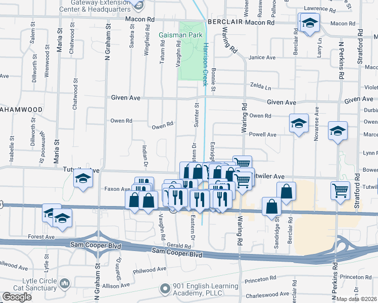 map of restaurants, bars, coffee shops, grocery stores, and more near 765 Eastern Drive in Memphis