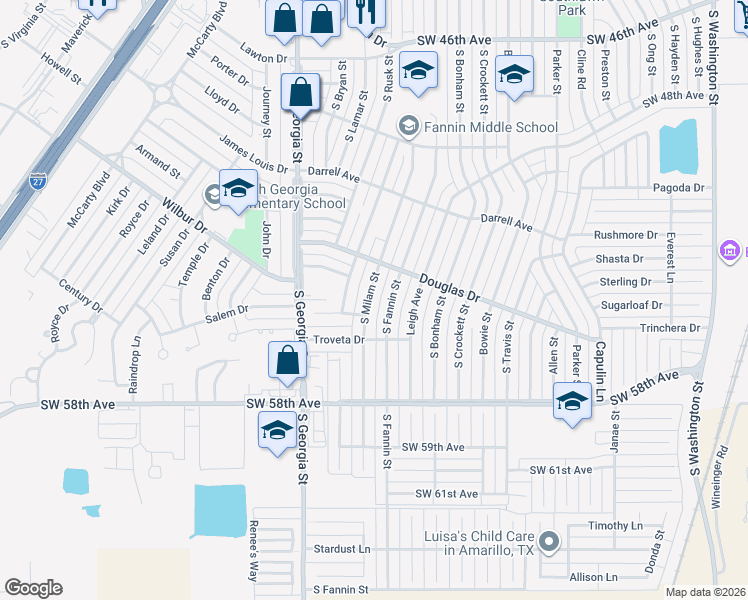 map of restaurants, bars, coffee shops, grocery stores, and more near 5220 South Milam Street in Amarillo