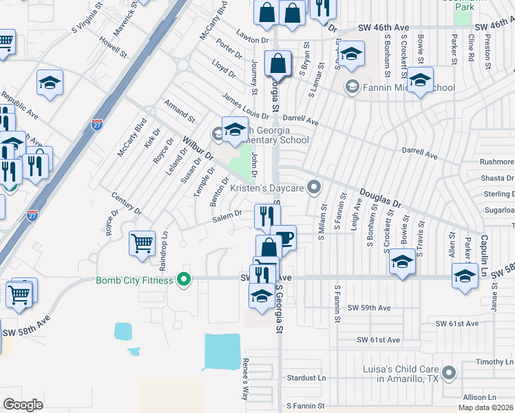 map of restaurants, bars, coffee shops, grocery stores, and more near 2715 Salem Drive in Amarillo