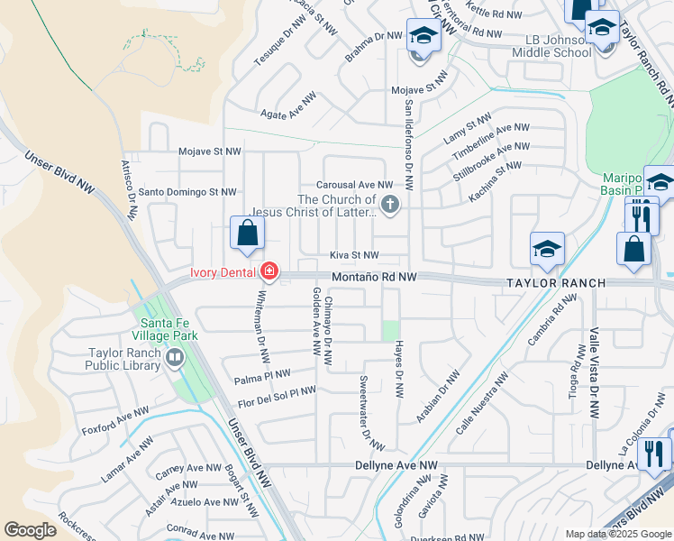 map of restaurants, bars, coffee shops, grocery stores, and more near 6123 Flor De Rio Northwest in Albuquerque