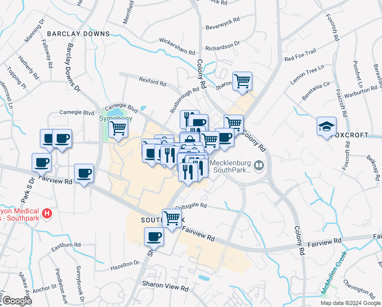 map of restaurants, bars, coffee shops, grocery stores, and more near 4310 Sharon Road in Charlotte