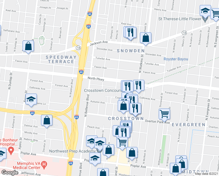map of restaurants, bars, coffee shops, grocery stores, and more near 1266 Forrest Avenue in Memphis