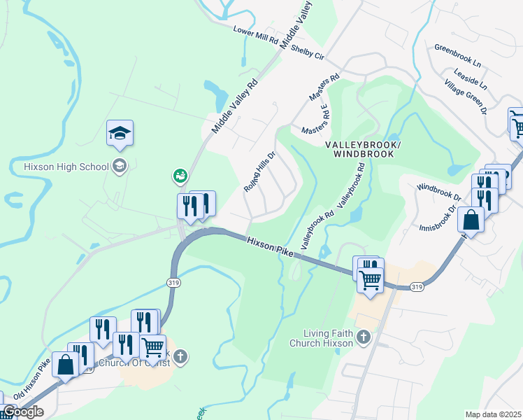 map of restaurants, bars, coffee shops, grocery stores, and more near 113 Masters Road in Chattanooga