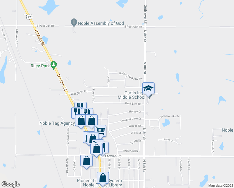 map of restaurants, bars, coffee shops, grocery stores, and more near 517 Woodbriar Road in Noble
