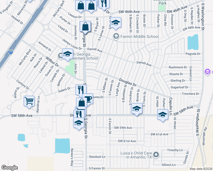 map of restaurants, bars, coffee shops, grocery stores, and more near 5220 South Milam Street in Amarillo