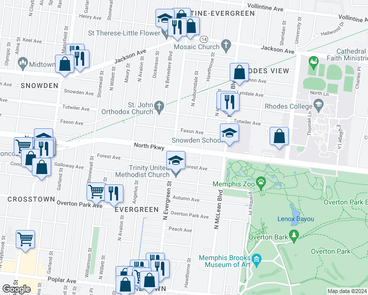 map of restaurants, bars, coffee shops, grocery stores, and more near 1725 North Parkway in Memphis