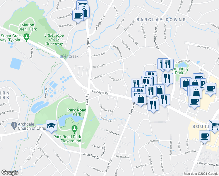 map of restaurants, bars, coffee shops, grocery stores, and more near in Charlotte