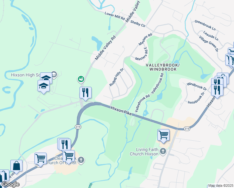 map of restaurants, bars, coffee shops, grocery stores, and more near 113 Masters Road in Chattanooga