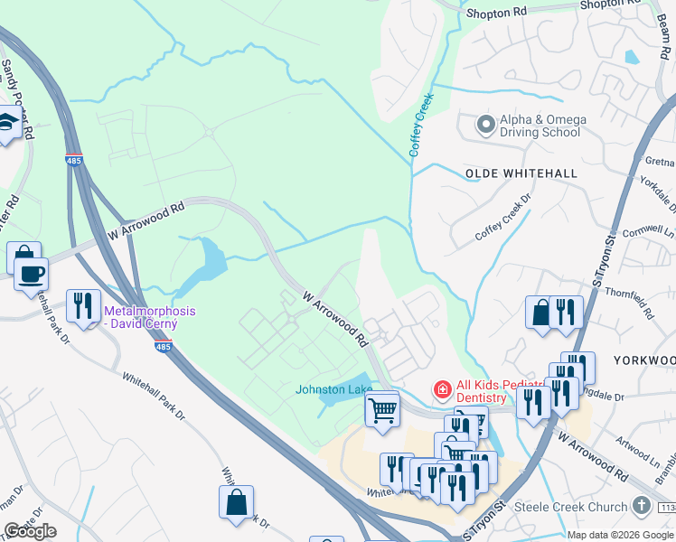 map of restaurants, bars, coffee shops, grocery stores, and more near 8024 Whitehall Executive Center Drive in Charlotte