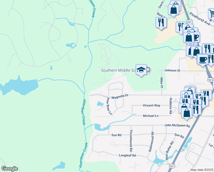 map of restaurants, bars, coffee shops, grocery stores, and more near 136 Lightwater Drive in Aberdeen