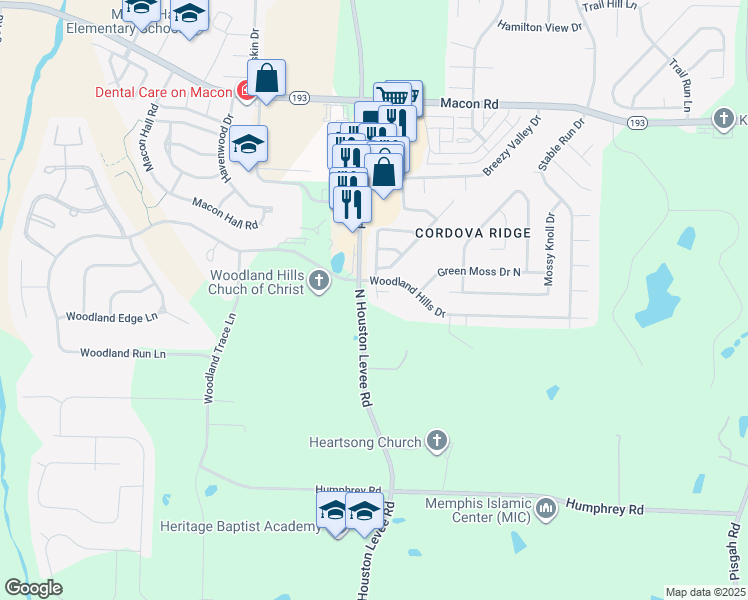 map of restaurants, bars, coffee shops, grocery stores, and more near 1000 Houston Levee Road in Shelby County