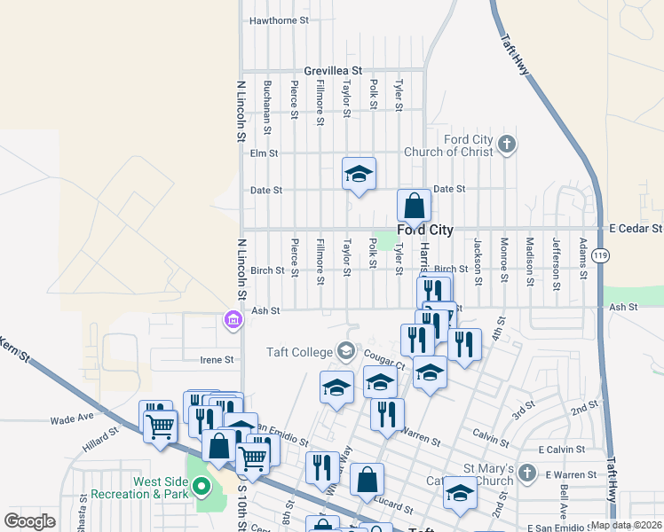 map of restaurants, bars, coffee shops, grocery stores, and more near 114 Fillmore Street in Taft
