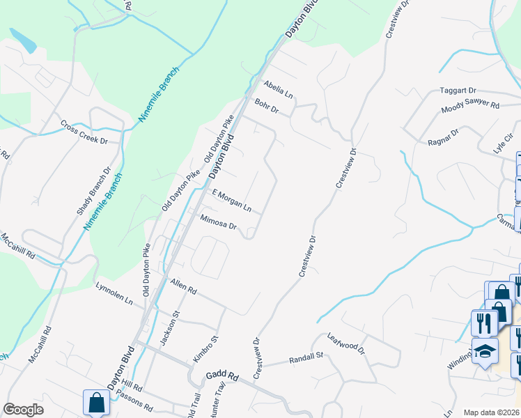 map of restaurants, bars, coffee shops, grocery stores, and more near 5610 Elm Street in Chattanooga