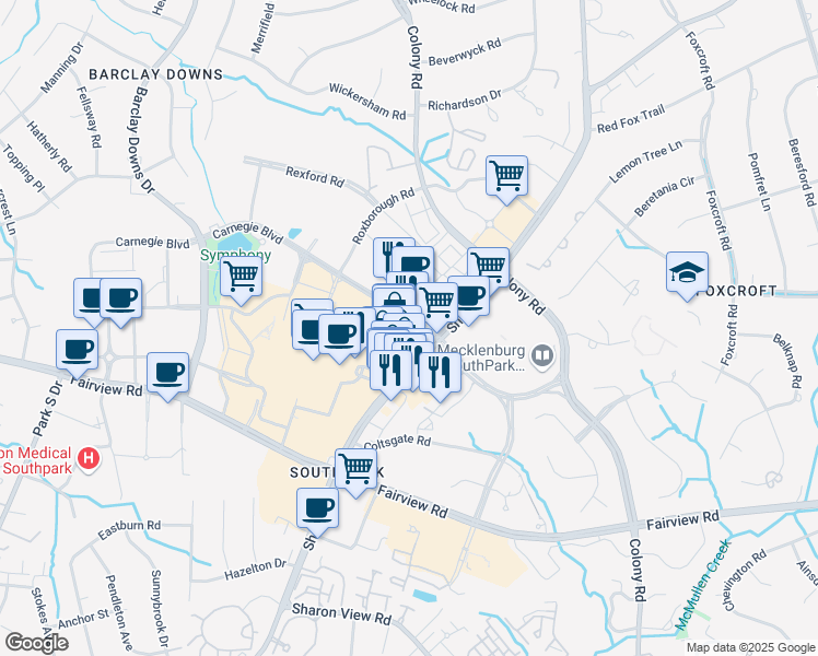 map of restaurants, bars, coffee shops, grocery stores, and more near 4310 Sharon Road in Charlotte