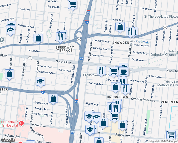 map of restaurants, bars, coffee shops, grocery stores, and more near 1193 Forest Avenue in Memphis