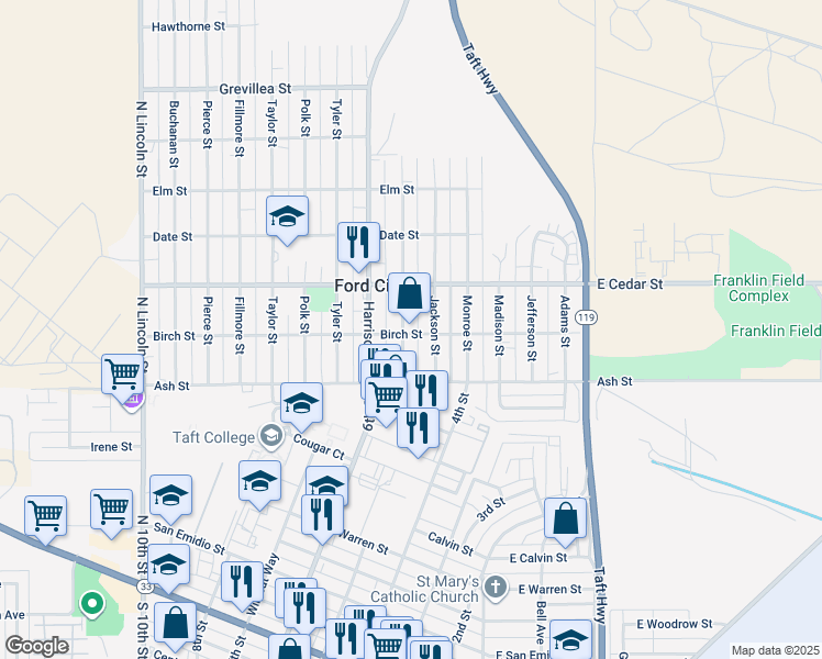 map of restaurants, bars, coffee shops, grocery stores, and more near 115 Jackson Street in Taft