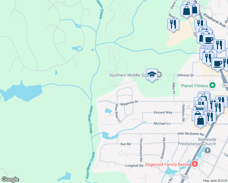 map of restaurants, bars, coffee shops, grocery stores, and more near 136 Lightwater Drive in Aberdeen