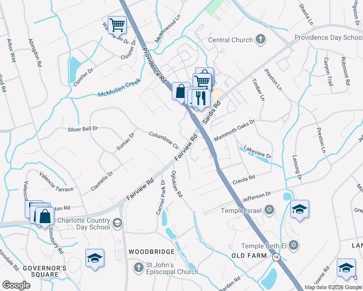 map of restaurants, bars, coffee shops, grocery stores, and more near 4403 Columbine Court in Charlotte