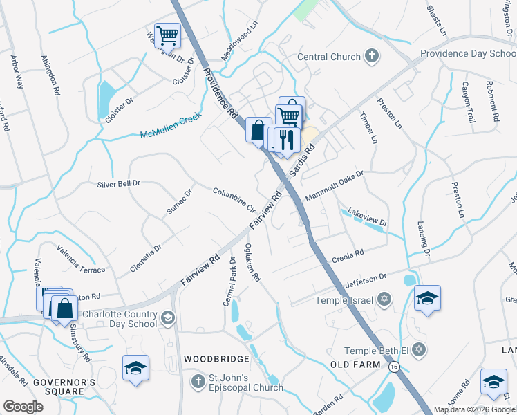 map of restaurants, bars, coffee shops, grocery stores, and more near 4403 Columbine Court in Charlotte