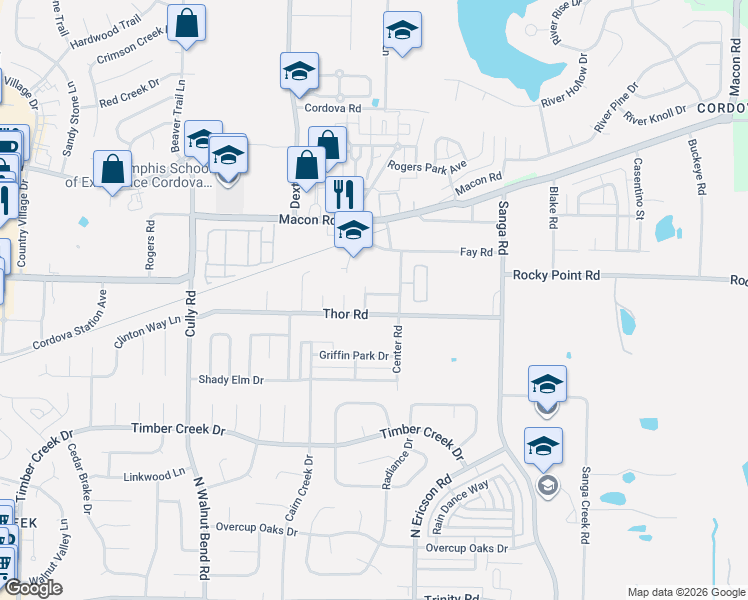 map of restaurants, bars, coffee shops, grocery stores, and more near 8585 Thor Road in Memphis