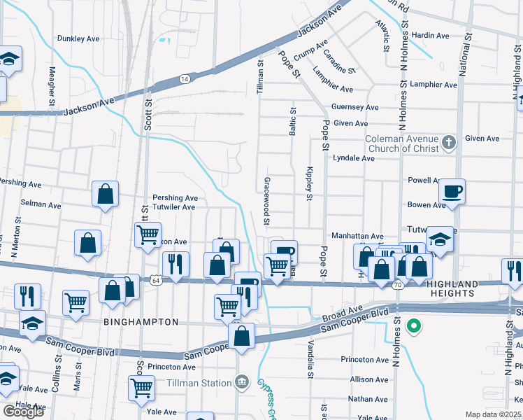 map of restaurants, bars, coffee shops, grocery stores, and more near 3048 Manhattan Avenue in Memphis