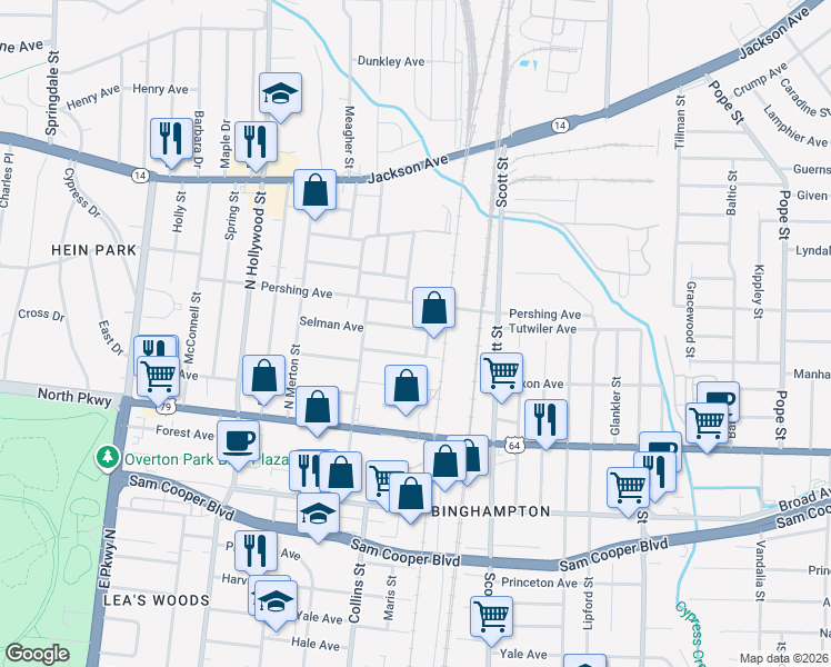 map of restaurants, bars, coffee shops, grocery stores, and more near 2664 Tutwiler Avenue in Memphis