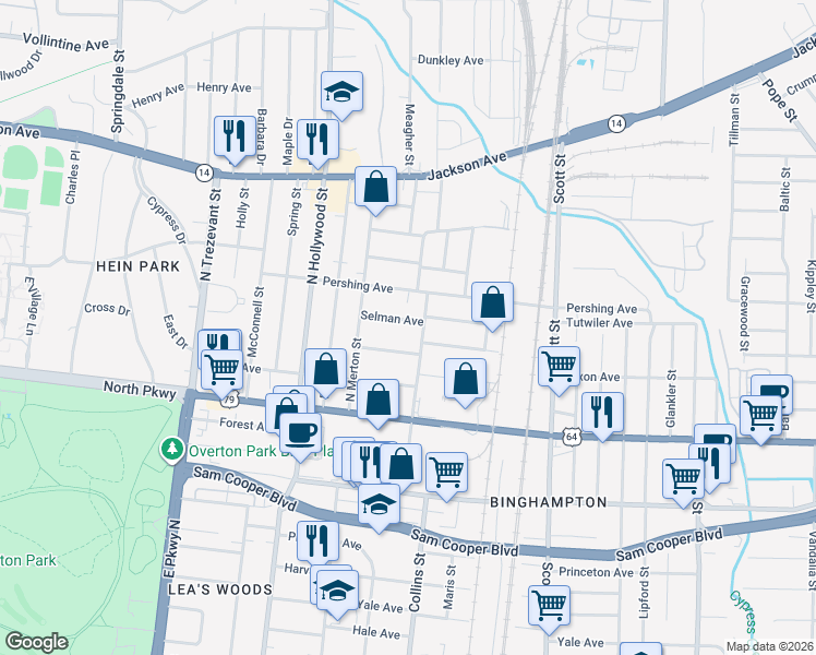 map of restaurants, bars, coffee shops, grocery stores, and more near 2568 Tutwiler Avenue in Memphis