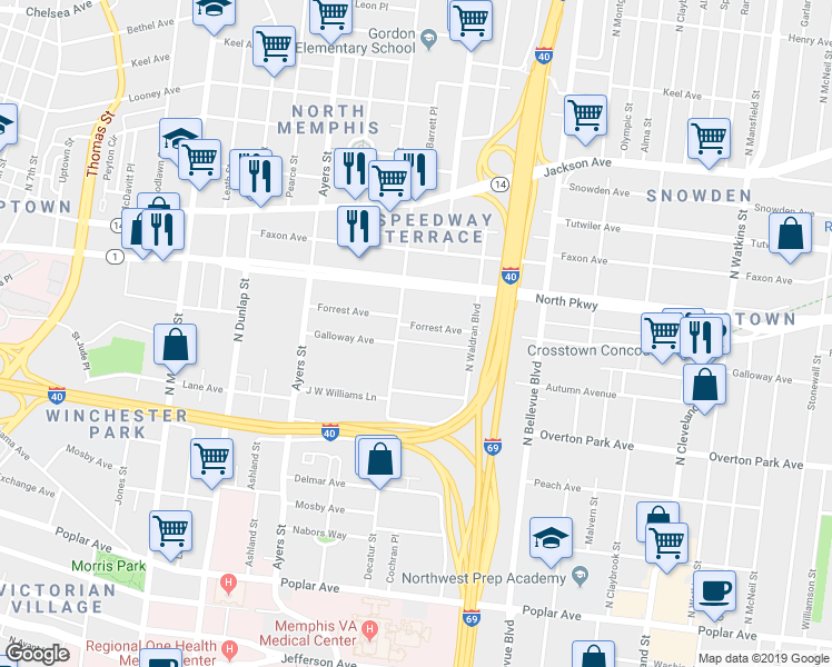 map of restaurants, bars, coffee shops, grocery stores, and more near 1049 Galloway Avenue in Memphis
