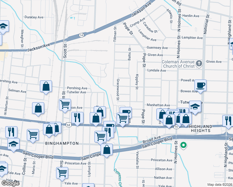 map of restaurants, bars, coffee shops, grocery stores, and more near 3048 Manhattan Avenue in Memphis