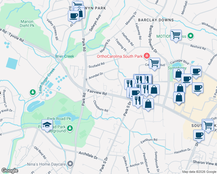 map of restaurants, bars, coffee shops, grocery stores, and more near 5617 Fairview Road in Charlotte