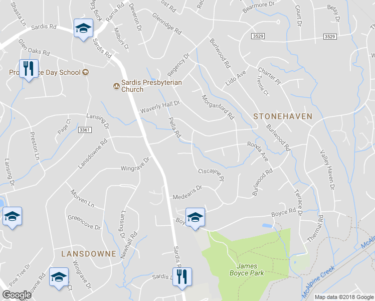 map of restaurants, bars, coffee shops, grocery stores, and more near 6414 Ciscayne Place in Charlotte