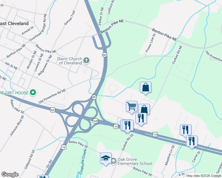 map of restaurants, bars, coffee shops, grocery stores, and more near 120 Starlet Circle Northeast in Cleveland