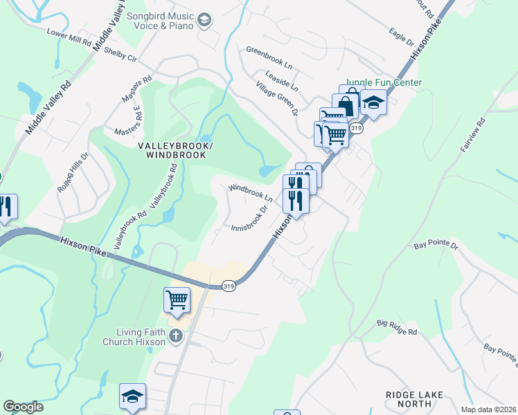 map of restaurants, bars, coffee shops, grocery stores, and more near 1415 Innisbrook Drive in Chattanooga