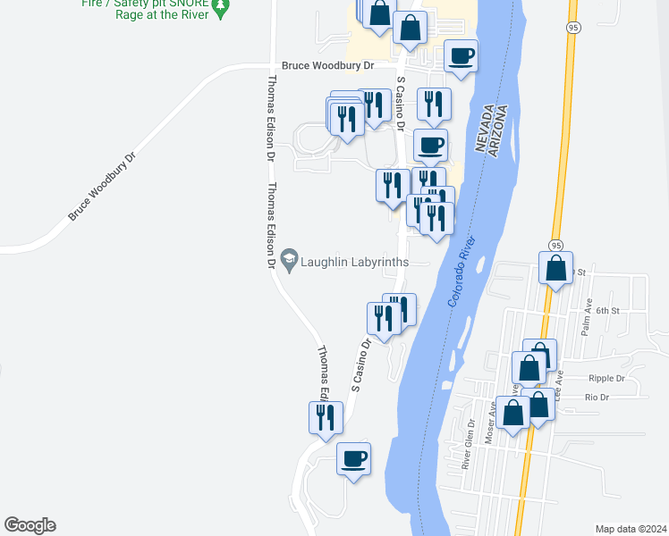 map of restaurants, bars, coffee shops, grocery stores, and more near 168 Sundance Shores Drive in Laughlin