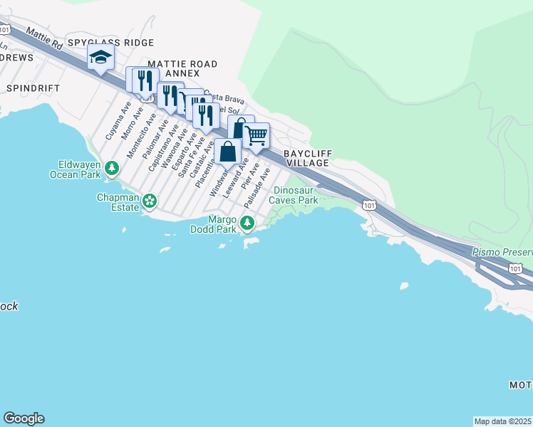 map of restaurants, bars, coffee shops, grocery stores, and more near 290 Cliff Avenue in Pismo Beach