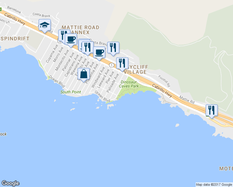 map of restaurants, bars, coffee shops, grocery stores, and more near 290 Cliff Avenue in Pismo Beach