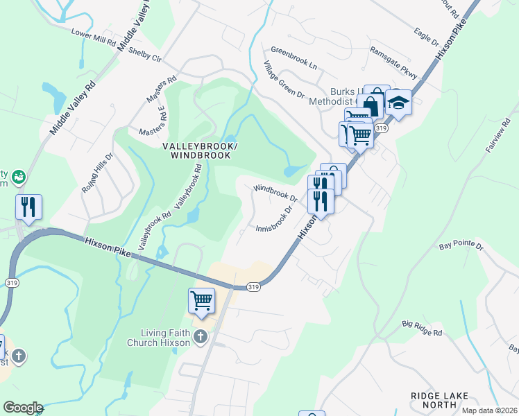 map of restaurants, bars, coffee shops, grocery stores, and more near 1317 Windbrook Drive in Chattanooga
