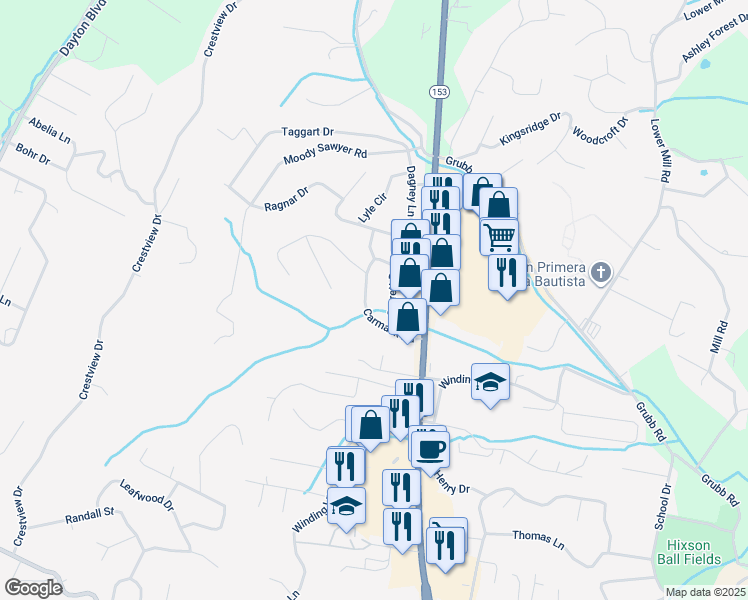map of restaurants, bars, coffee shops, grocery stores, and more near 5741 Carmack Road in Chattanooga